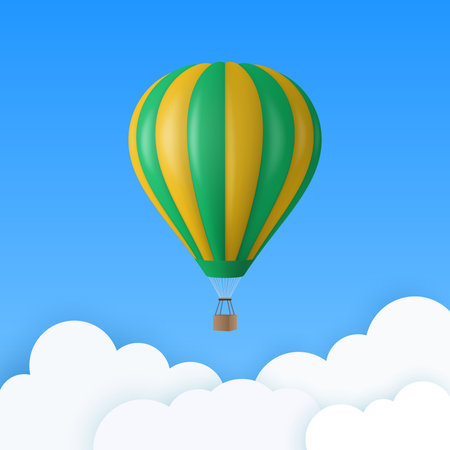 Vector Travel Banner with 3d Realistic Hot Air Balloon Icon on a Blue Sky Background. Design Template, Summer Vacation, Travelling, Tourism and Journey Conceptのイラスト素材