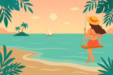 Hello Summer. Tropical Beach Sunset Vector Illustration. Tropical Landscape with Woman on Swing. Tropical Island with Palm Trees, Sea, Sailboat. Summer Holiday Design, Paradise Beach Illustrationのイラスト素材