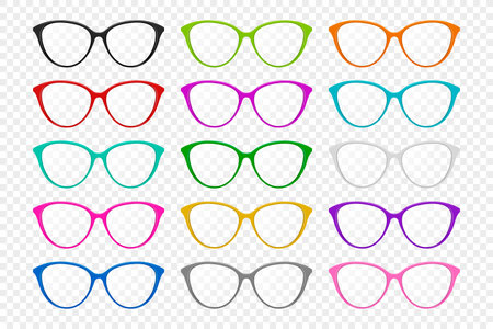 Vector Colorful Eyeglass Frames Icon Set, Isolated. Fashion Glasses, Trendy Optical Eyewear, Spectacles Collection. Modern Eyeglass Frame Design for Vision, Stylish Eyeglass Fashionのイラスト素材