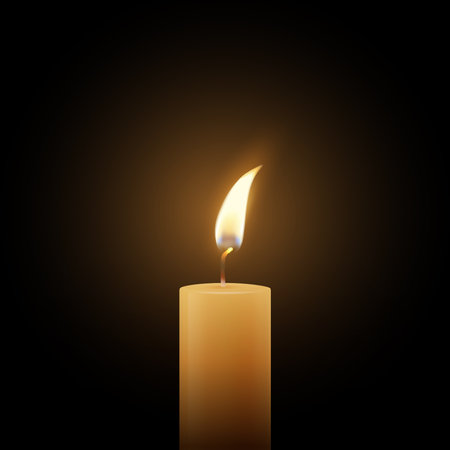 Realistic Vector Candle Flame Clipart on Dark Background. Single Wax Pillar Candle with Soft Warm Glow and Flickering Flame, Ambient Lighting Design Template for Web, Print. Square Bannerのイラスト素材