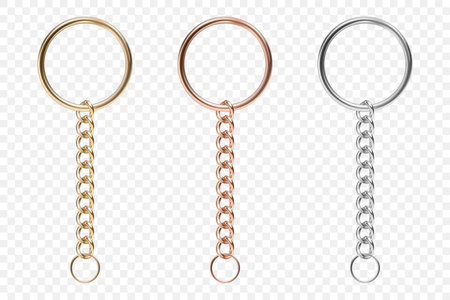 Vector 3d Realistic Lobster Clasp Keychain Set with Chain. Gold, Bronze and Silver Keychain Hook for Jewelry Making, DIY Craft, Bag Accessories, Key Holder Clip, Purse Hardware, Accessory Designのイラスト素材