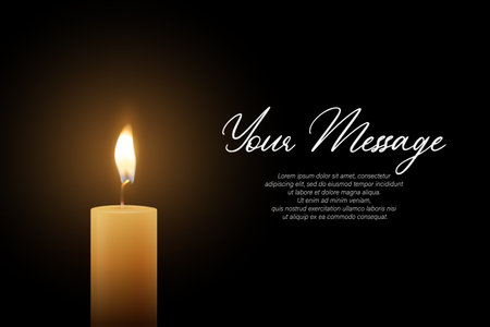 Candle Light, Vector Illustration with Burning Flame on Dark Background. Memorial and Sympathy Horizontal Card Template. Spiritual, Calm Design For Remembrance, Meditation, Condolence and Invitationのイラスト素材