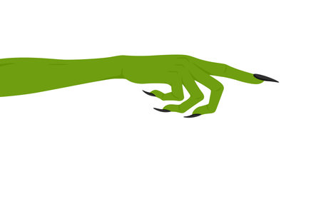 Vector Green Witch Hand with Long Black Nails Pointing Finger. Halloween Illustration of Creepy Monster Arm. Scary Witch Hand Gesture, Horror Design Element, Spooky Magic Symbol, October Clipartのイラスト素材