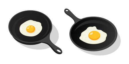 Flat Cartoon Fried Egg in Pan, Vector Illustration. Two Cast Iron Frying Pans with Fried Egg. Breakfast Meal in Skillet. Top View Cooking Pan with Fried Eggのイラスト素材