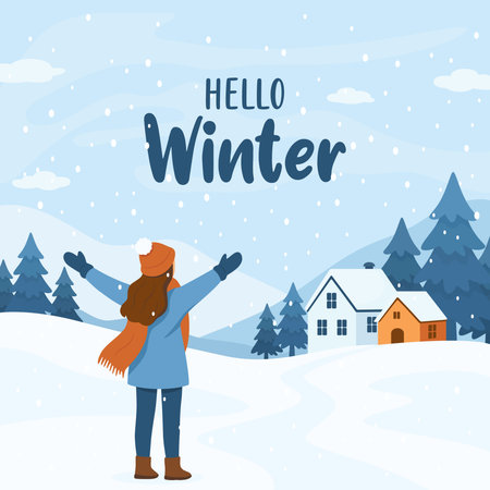 Hello Winter. Winter Landscape. Girl Enjoying Snow. Flat Cartoon Vector Illustration of Snowy Countryside with Mountains, Pine Trees and House. Minimal Winter Landscapeのイラスト素材