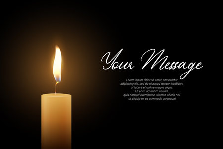 Candle Light, Vector Illustration with Burning Flame on Dark Background. Memorial and Sympathy Horizontal Card Template. Spiritual, Calm Design For Remembrance, Meditation, Condolence and Invitationのイラスト素材
