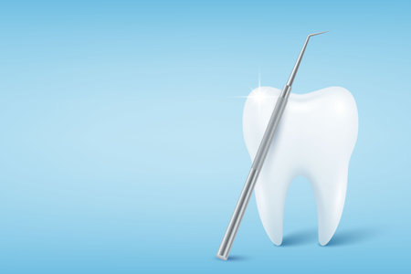 Vector 3d Realistic Tooth. Healthy White Tooth with Dental Probe on Blue Background. Dental Explorer Tool. Oral Care Tooth Concept. Dentist Equipment and Tooth Examinationのイラスト素材