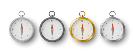 Vector 3d Realistic Compass Icon Set. Navigation Compasses. Classic Travel Compass Icon, Navigation Symbol, Exploration Tool, Direction Equipment. Adventure Design Elementのイラスト素材
