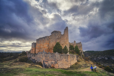 Beautiful view of the fortress wall with towers of the fortress in the city of Ucero. Spainの写真素材