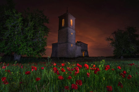 Nightscape of the Castle of Caudilla surrounded by poppies, located in Santo Domingo-Caudilla, in Toledo Spainの写真素材