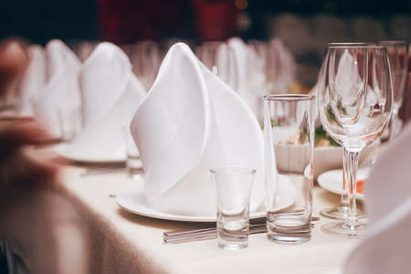 Tableware, glasses for wine, appetizer and white napkinの写真素材