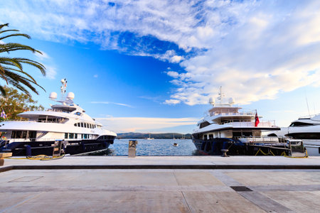 TIVAT, MONTENEGRO - SEPTEMBER 07, 2016: Luxury vacation resort and marina for luxury yachts called Porto Montenegro in Bay of Kotor.のeditorial素材