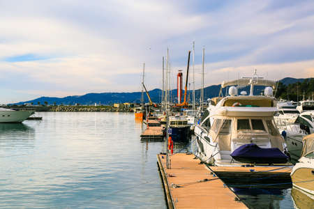 Luxury yachts moored at pier, back view.の写真素材