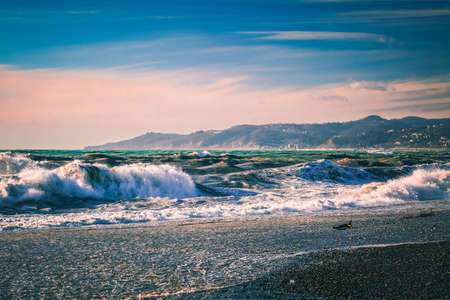 Storm at sea. Big waves and blue water. Beautiful horizon of Black Seaの写真素材