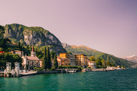 Gorgeous Como Lake in sunny evening, Cadenabbia, Northern Italy.の写真素材