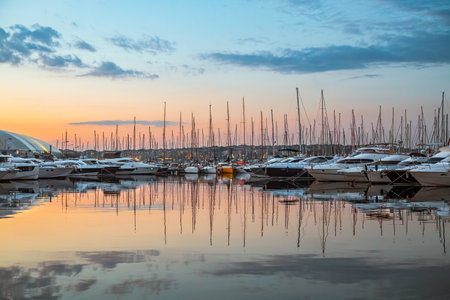 Moored yachts and sailboats. Scenic summer leisure.の写真素材