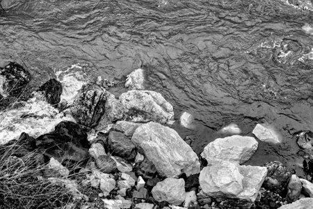 Rocky sea shore. Natural background. Black and white.の写真素材