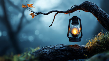 A vintage lantern glows warmly, suspended from a branch with autumn leaves in a misty forest. The scene evokes a sense of mystery and tranquility.の素材