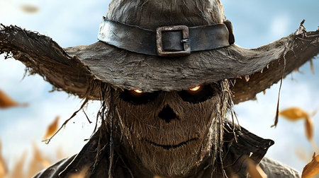 A menacing scarecrow with glowing eyes and a tattered hat stands in a field, its straw-like face conveying a sense of dread and mystery.の素材