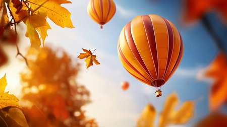 Warm-toned hot air balloons drift through a serene sky, framed by vibrant autumn leaves. The scene evokes a sense of adventure and the beauty of the fall season.の素材