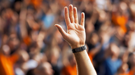 A raised hand with a black watch stands out against a blurred crowd, symbolizing unity, support, or a call for attention at a public event.の素材