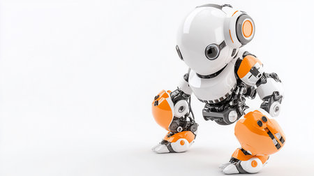 A futuristic, white robot with orange accents stands on a white surface, captured in a studio shot. The robot's design is sleek and modern, with intricate mechanical details.の素材