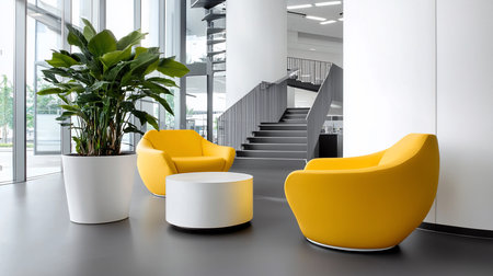 Bright, modern office lobby featuring two yellow armchairs, a white table, and a large green plant. The space is clean, minimalist, and inviting, with a staircase in the background.の素材