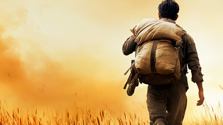 A man with a large pack walks away from the viewer through a golden wheat field. The warm sunset light creates a sense of solitude and determination.の素材