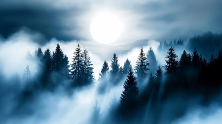 A serene landscape featuring silhouetted pine trees emerging from a dense fog, illuminated by a bright, ethereal moon. The scene evokes a sense of mystery and tranquility.の素材