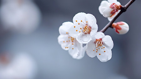 A close-up captures the serene beauty of white plum blossoms, adorned with delicate dewdrops, set against a muted gray backdrop, evoking a sense of calm and natural elegance.の素材