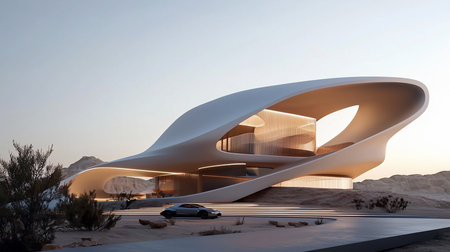 A modern, organic-shaped home stands in a desert landscape, featuring a sleek car parked nearby and illuminated steps leading to the entrance, bathed in soft, warm light.の素材