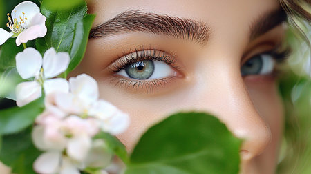Intimate close-up of a woman's eye, framed by delicate white flowers and vibrant green leaves, creating a natural, ethereal beauty portrait. Soft lighting enhances the skin's texture.の素材