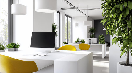A bright, modern office features white desks, yellow chairs, and abundant greenery. Natural light floods the space, creating a clean, airy, and inviting work environment.の素材