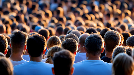 A large crowd of people, viewed from behind, bathed in the warm glow of golden hour sunlight. The focus is on the texture and patterns created by the heads and shoulders.の素材