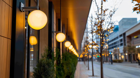 A row of spherical lights casts a warm glow along a modern building facade, illuminating a sidewalk lined with trees adorned with fairy lights at dusk.の素材