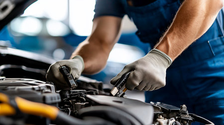 Close-up of a mechanic's gloved hands meticulously working on a car engine, utilizing specialized tools for precise adjustments and repairs in a garage setting.の素材