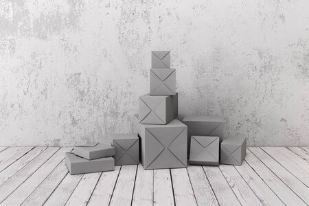Lot of gift boxes models background rough wall and wooden floorの写真素材