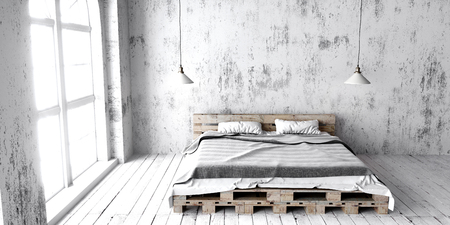 A industrial style bedroom with recycled pallet bed. White eco design scheme is bright and minimalistic.の写真素材