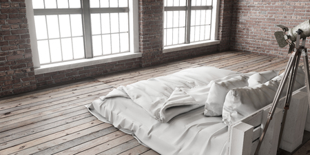 Minimalistik bedroom mock up in loft style with big arched windows and wooden floor and brick walls. 3D render.の写真素材