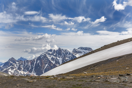 Band of Snow on a Mountain in Early Summer - Jasper National Park, Alberta, Canadaの写真素材