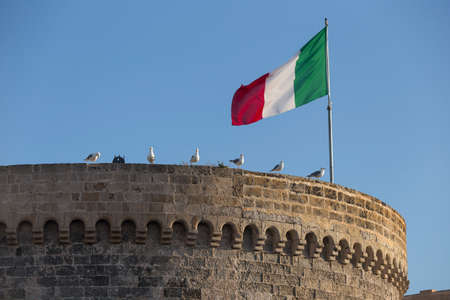 Seagulls (Larinae Rafinesque) standing near Italian flag blowing in the wind: red; white and green on ancient tower in Gallipoli (Le) in the Southern Italyの写真素材