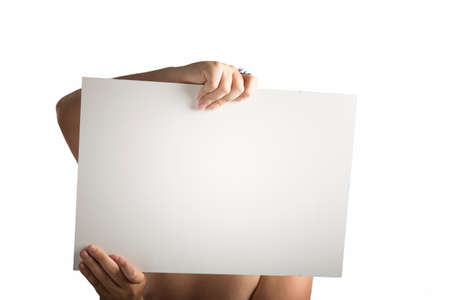 A light white plastic laminate square blank sign supported by young hands on light backgroundの写真素材
