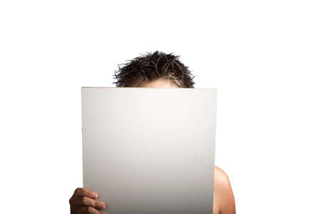 A light white plastic laminate square blank sign supported by young hands on light background