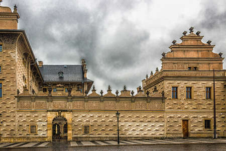 black-and-white sgraffito decorations on the walls of Schwarzenberg palace, renaissance building in Pragueのeditorial素材