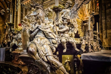 Golden altar with statues and catholic objects and symbols inside Saint Vitus Cathedral in Pragueのeditorial素材