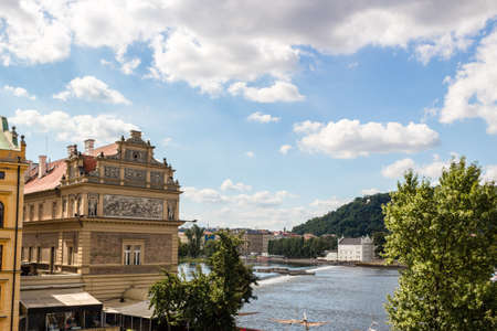 Architecture details, tower and sculpture of Charles Bridge in Pragueの写真素材