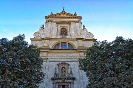 The facade of the Church of Our Lady Victorious (Kostel Panny Marie Vitezne) in Mala Stranaの写真素材