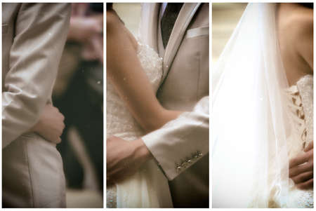 Asian Wedding couple embracing: white dressed bride and grey dressed groom