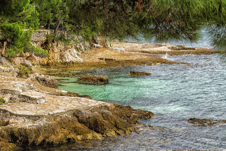Sea view near Porec in Croatia: green trees, orange rocks and crystal waters