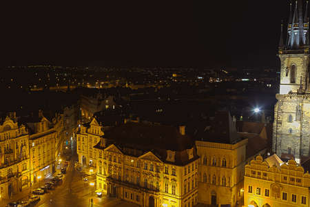 Night view of the gothic  Church of Mother of God in front of Tyn in Old Town Square in Pragueのeditorial素材